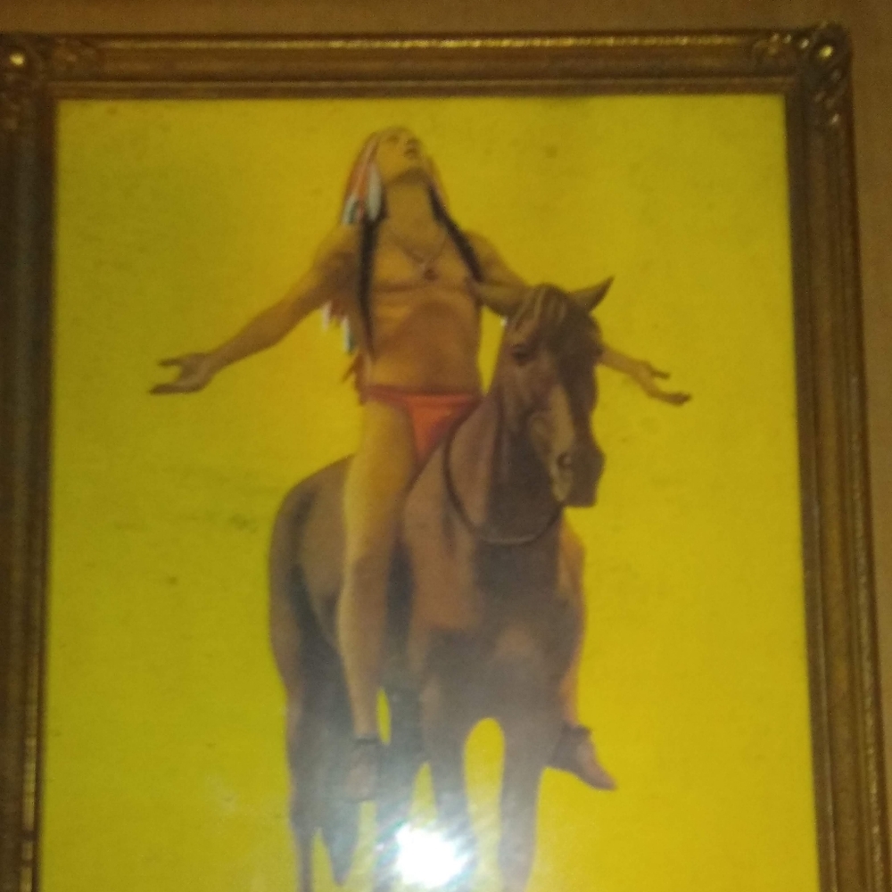 Antique Native American framed art of warrior soaking in the sun not a print